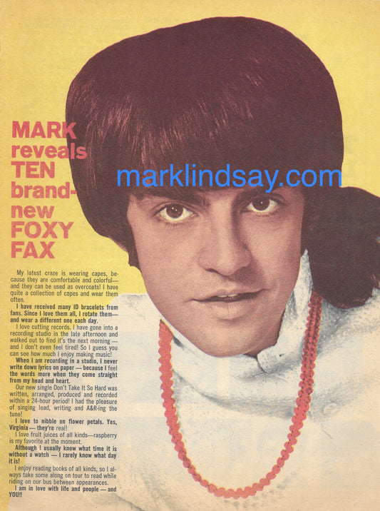 "FoxyFax" Vintage Article - 16 Magazine - Personally Autographed to YOU by Mark Lindsay