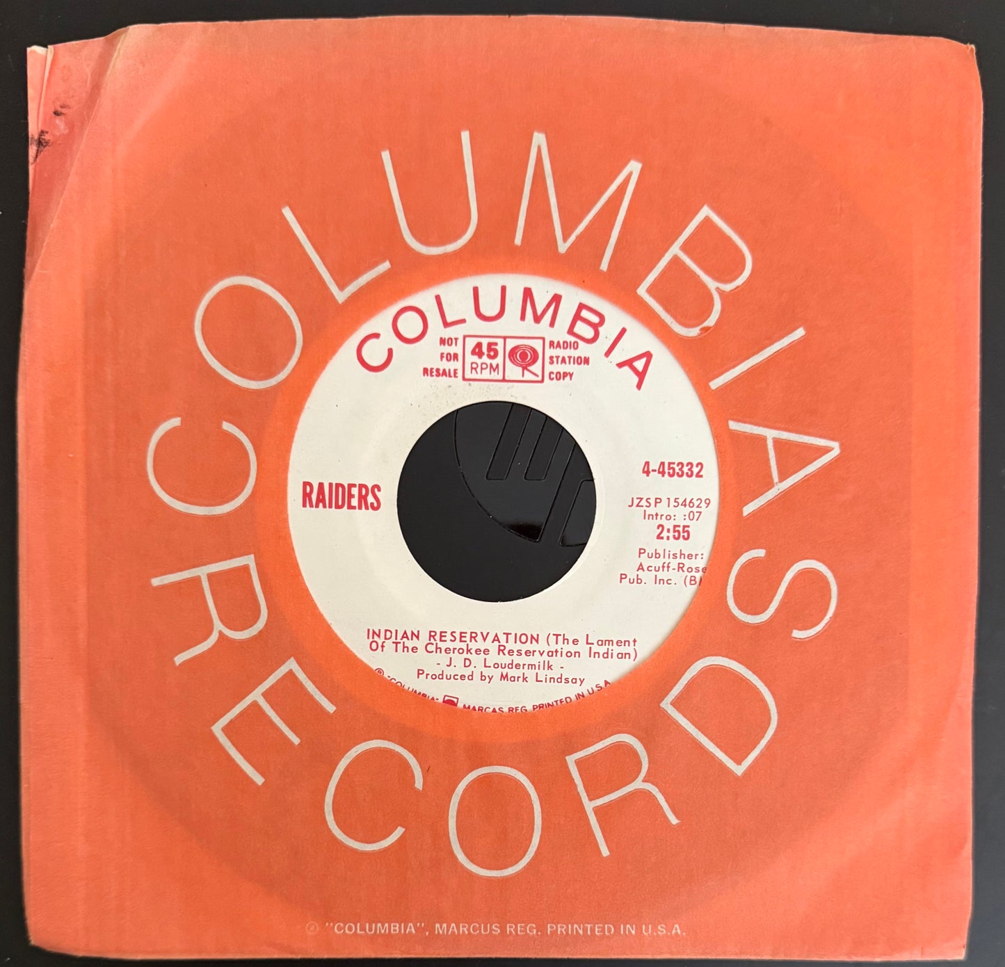Indian Reservation 1971 Mint Radio Station Double-sided 45 - Paul Revere & The Raiders - Personally Autographed to YOU by Mark Lindsay