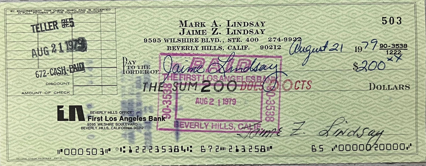 Mark Lindsay August 1979 Check to/by Ex-Wife - w/photo Personally Autographed to YOU by Mark