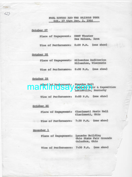 Vintage 1966 Raiders Typed 6-Page Tour Schedule - Personally Autographed to YOU by Mark