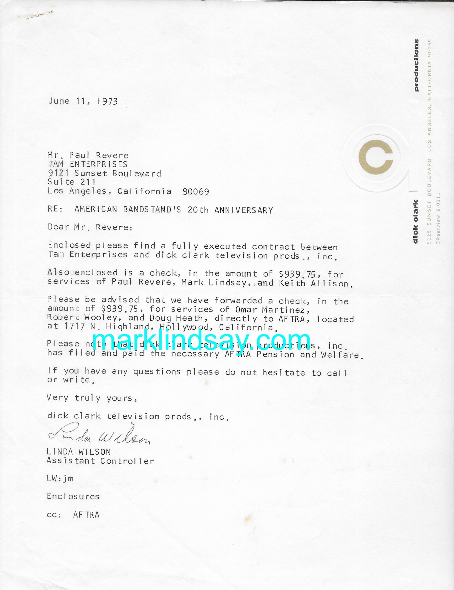 1973 American Bandstand 20th Ann Contract Set w/Complete Set of 6 AUTHENTIC Raider Autographs + Card - Personalized to YOU by Mark