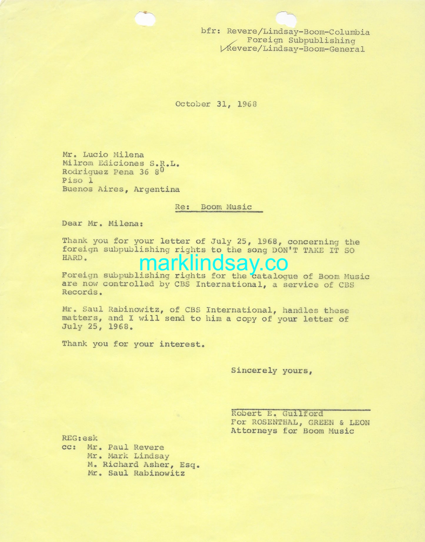Vintage 1968 DON'T TAKE IT SO HARD Reply To Inquiry From Argentina - Personally Autographed to YOU by Mark