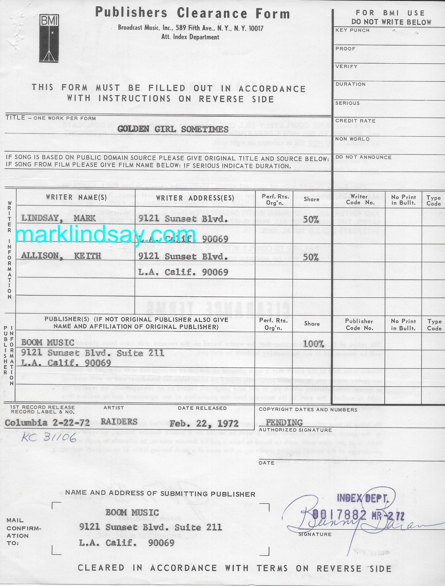 1972 Original Golden Girls Sometimes BMI Registration - Personally Autographed to YOU by Mark