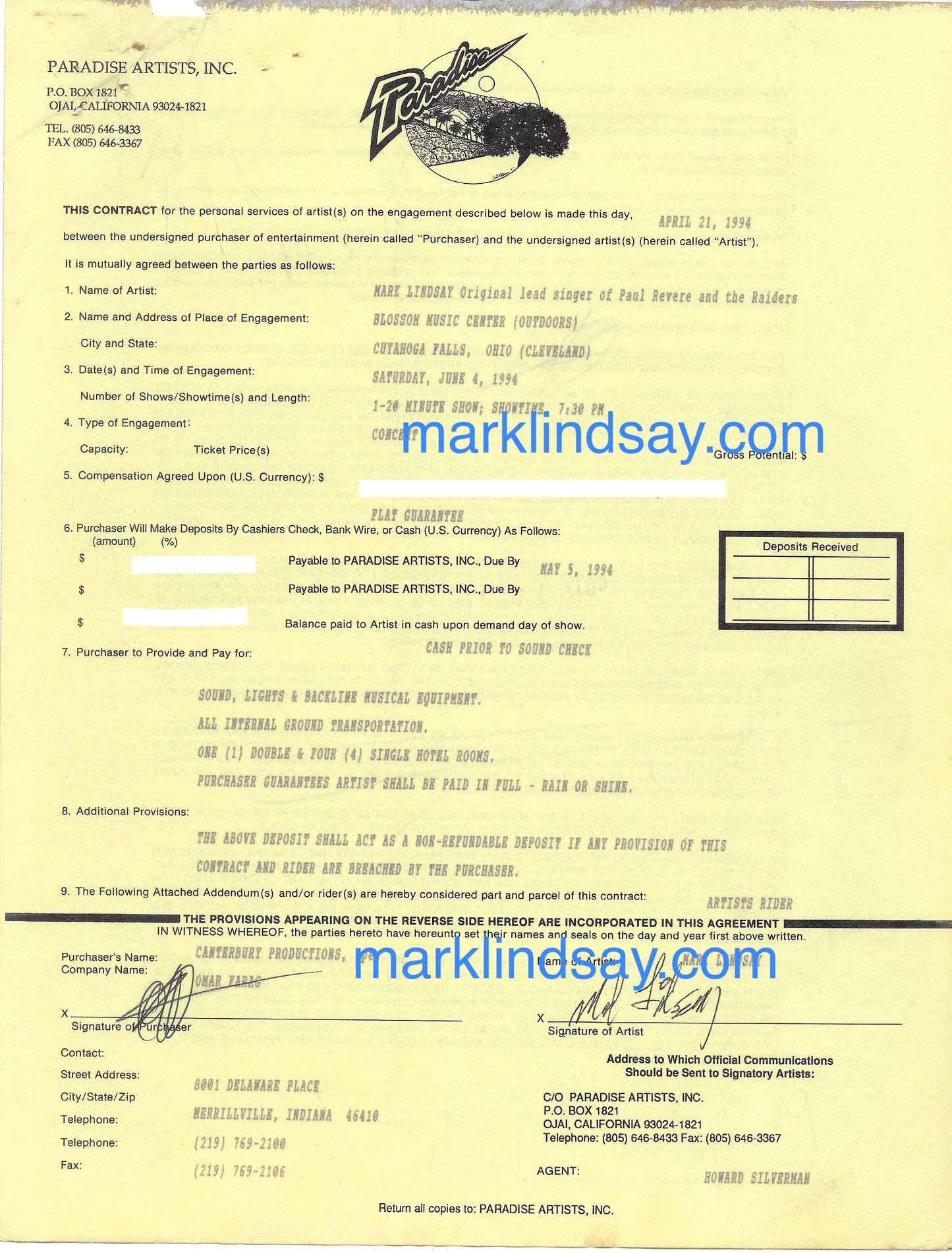 1994 Blossom Contract, Clippings, T-Shirt, Photo - Personally Autographed to YOU by Mark Lindsay