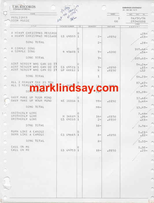 Boom Music June 1976 CBS Royalty Statement - Personally Autographed to YOU by Mark