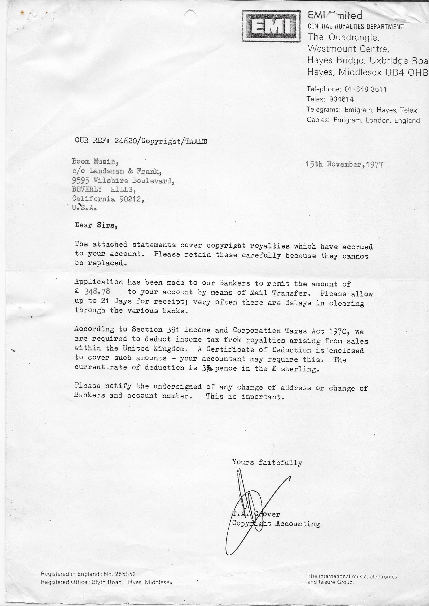 1977 EMI Royalty Statements Etc - Personally Autographed to YOU by Mark