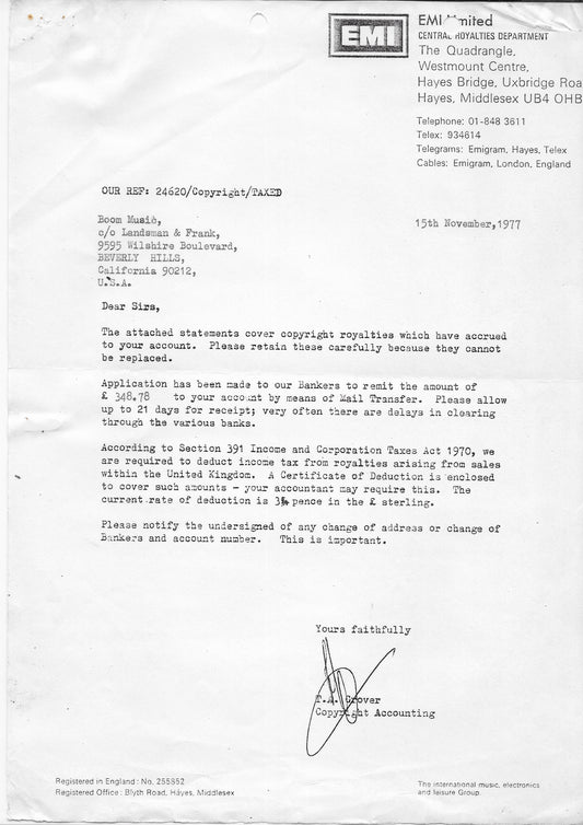 1977 EMI Royalty Statements Etc  - Personally Autographed to YOU by Mark