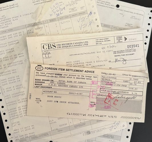 Boom Music Sept 1982 CBS Canada Royalty Statement etc - Personally Autographed to YOU by Mark