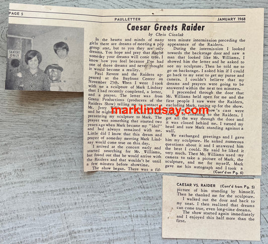 1968 Mark Lindsay Sculpture Clipping - Personally Autographed to YOU by Mark