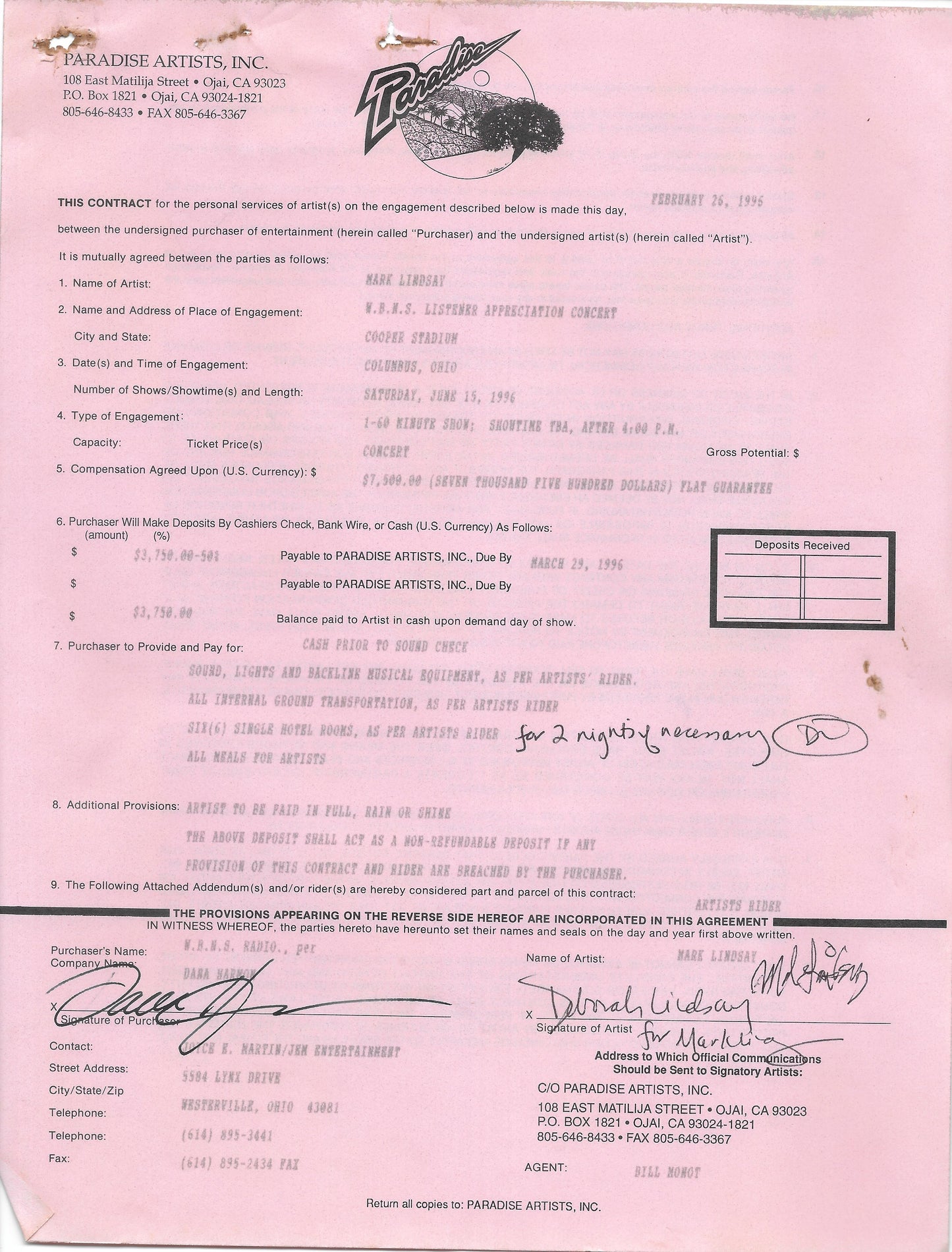 1996 Columbus Contract, Air Receipt, Bio, Check Stub - Personally Autographed to YOU by Mark Lindsay