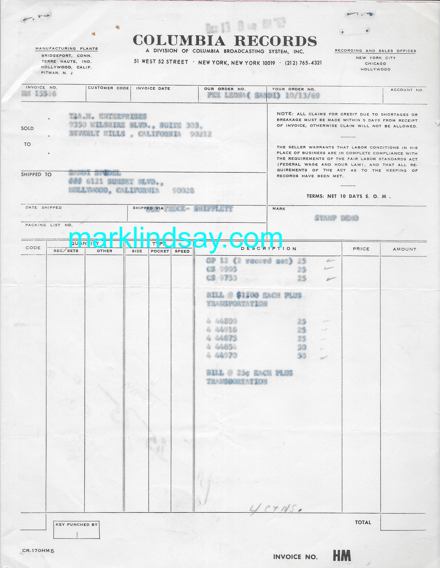 1969 Columbia Records Promo Records Order to Raiders - Personally Autographed to YOU by Mark