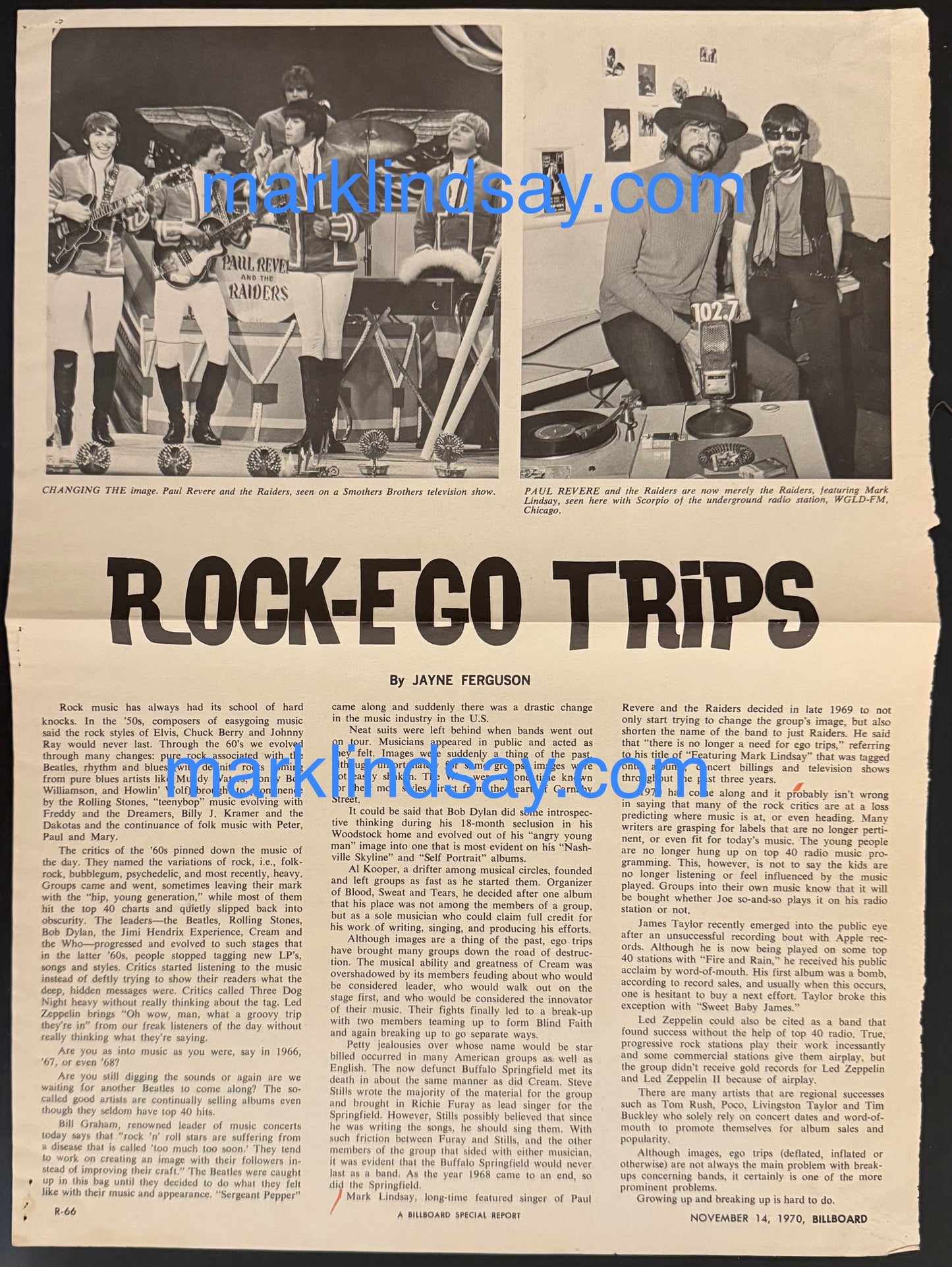 1970 Billboard Article w/Mark Lindsay/Raiders Photos - Personally Autographed to YOU by Mark Lindsay