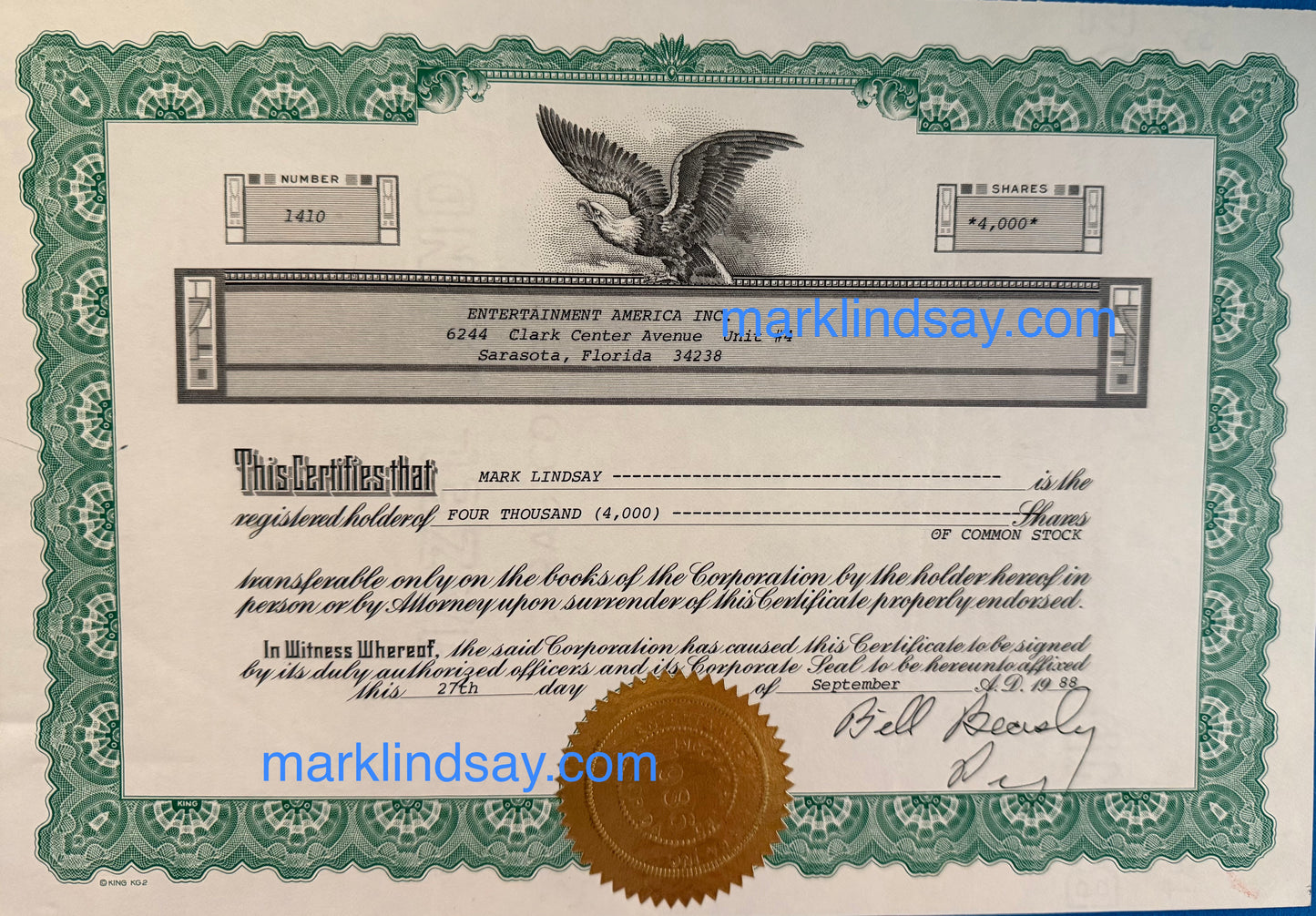 Mark Lindsay Entertainment America Stock Certificate - Personally Autographed to YOU by Mark