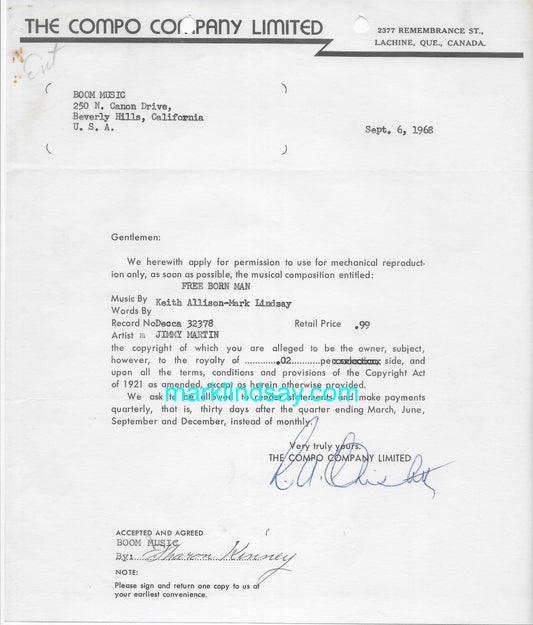 Vintage 1968 FREEBORN MAN License Request for Bluegrass Legend Jimmy Martin - Personally Autographed to YOU by Mark