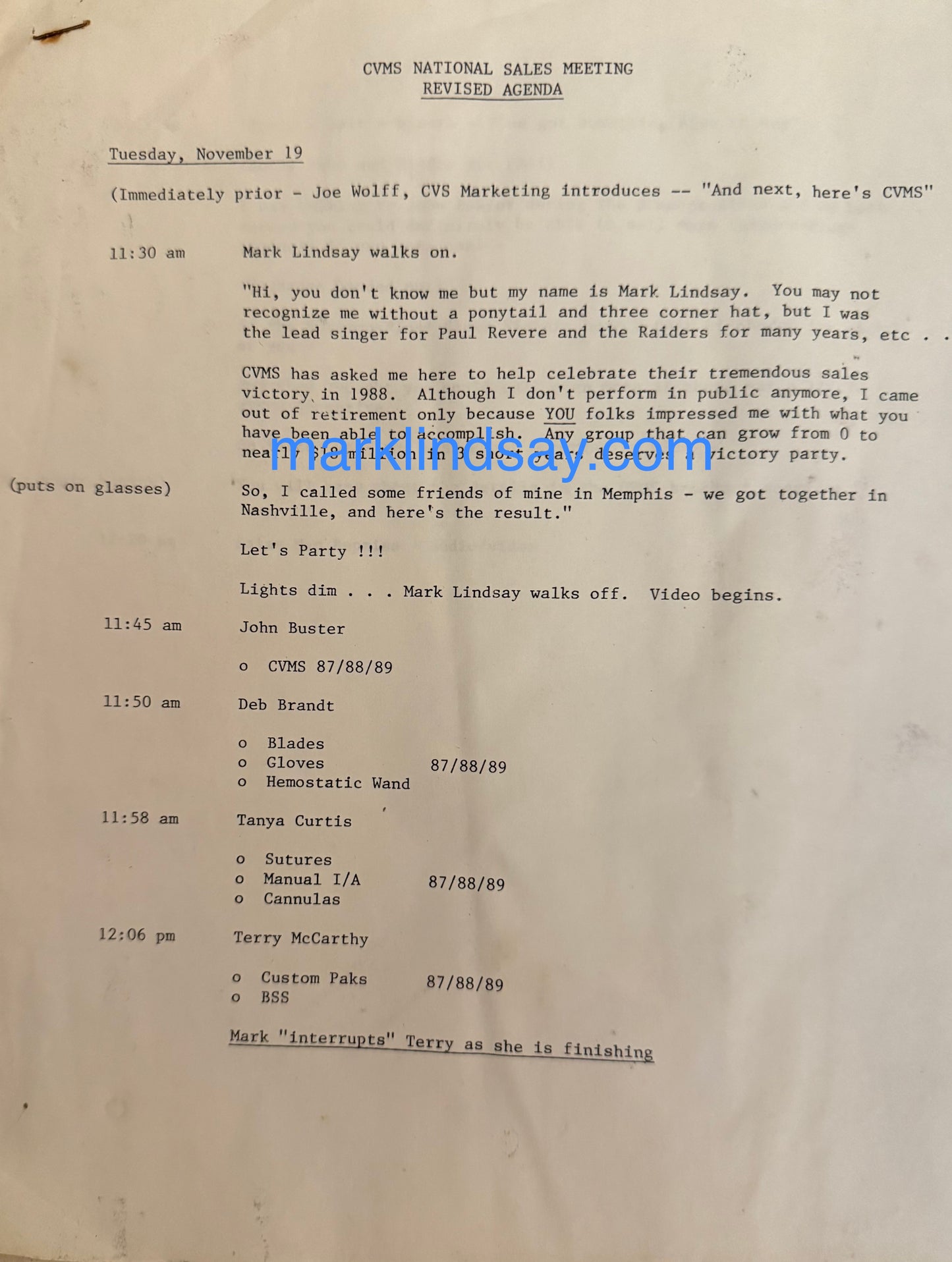 1988 Correspondence/Lyrics/Sheet Music CooperVision Sales Convention (with Future Wife Deb) - Personally Autographed to YOU by Mark Lindsay
