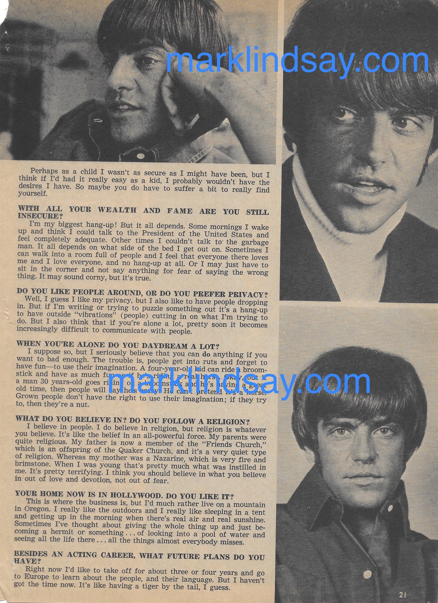 "Secret Fears/Desires" Vintage Article - Personally Autographed to YOU by Mark Lindsay