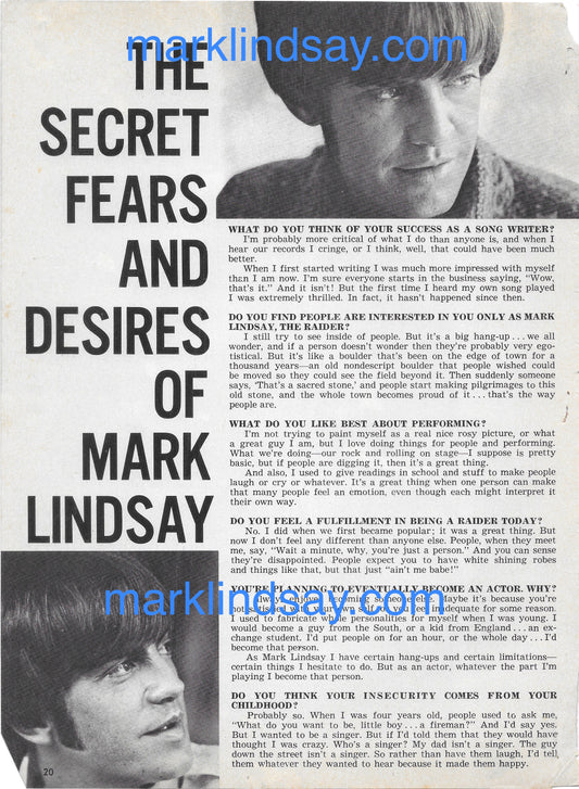 "Secret Fears/Desires" Vintage Article - Personally Autographed to YOU by Mark Lindsay