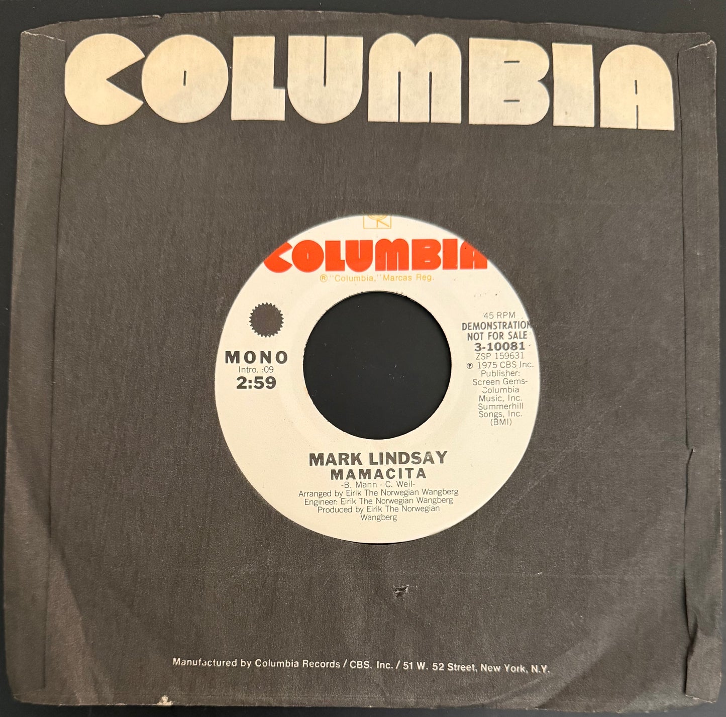 Mamacita 1975 Mint Demonstration Double-sided 45 - Mark Lindsay - Personally Autographed to YOU by Mark