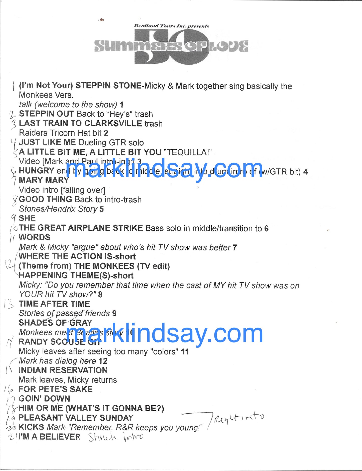 50 Summers of Love w/Micky Dolenz Production/Rehearsal Notes 2017 - Personally Autographed to YOU by Mark Lindsay