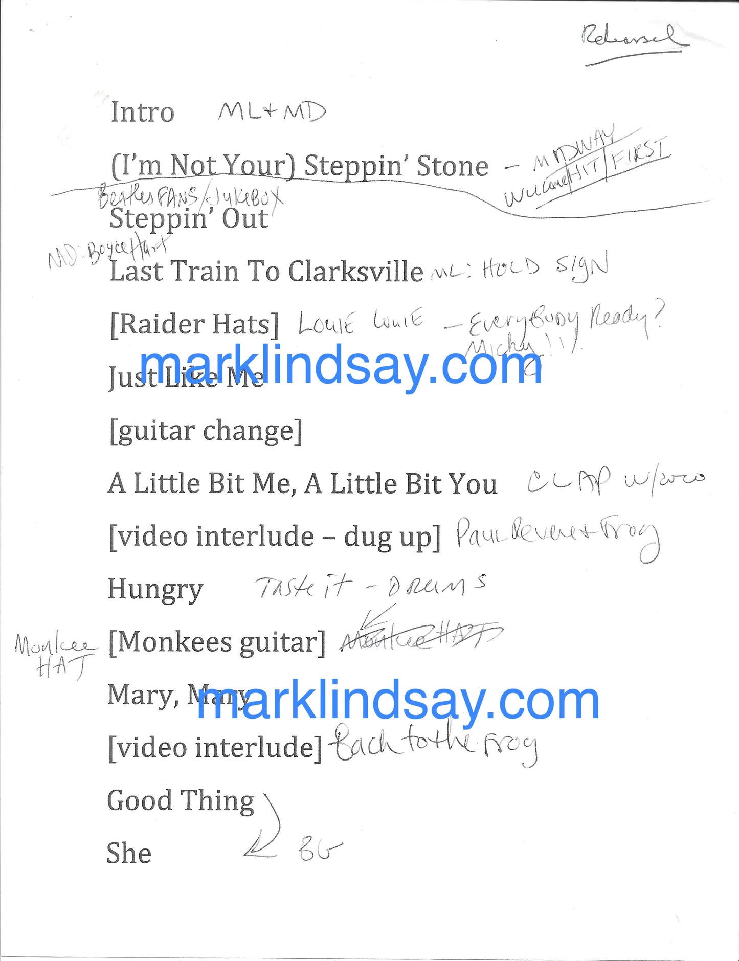 50 Summers of Love w/Micky Dolenz Production/Rehearsal Notes 2017 - Personally Autographed to YOU by Mark Lindsay