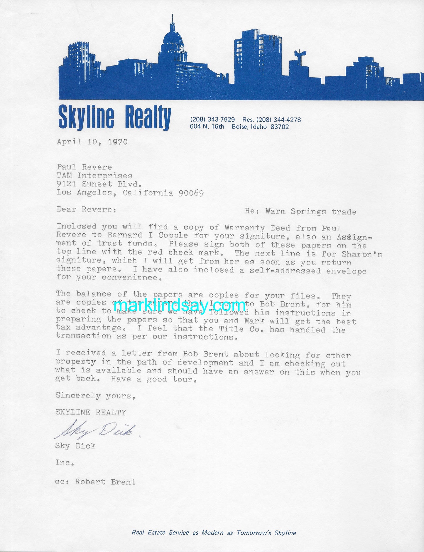 1970 Letter to Revere from his Brother re: R/L Real Estate - Personally Autographed to YOU by Mark