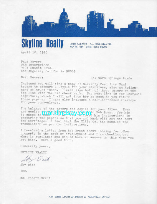 1970 Letter to Revere from his Brother re: R/L Real Estate - Personally Autographed to YOU by Mark