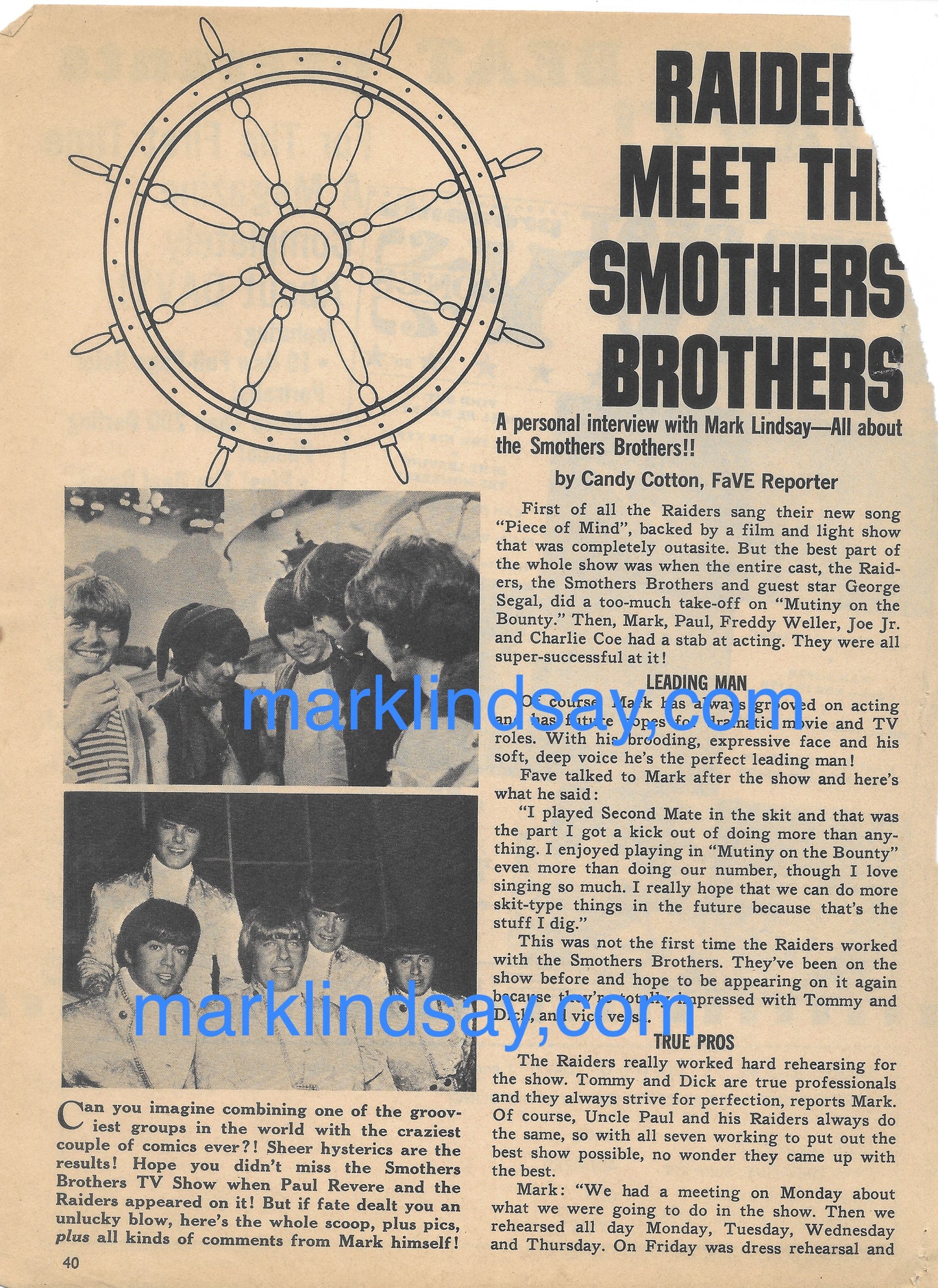 Pirate Raiders on Smothers Brothers Vintage Article + Pin-Up (FAVE) Personally Autographed to YOU by Mark Lindsay