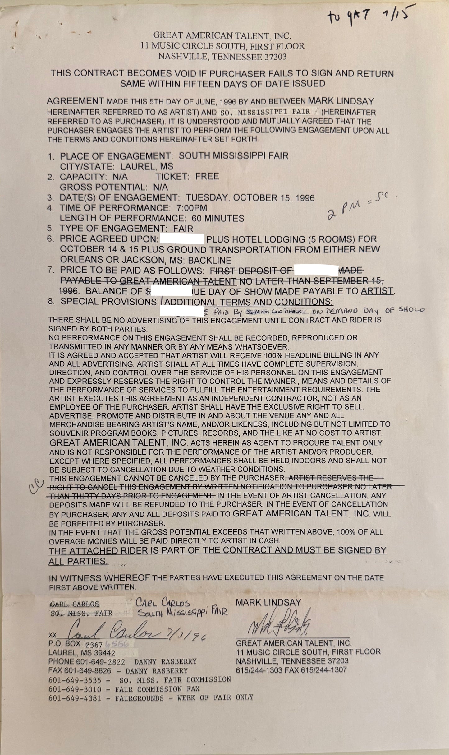 1996 S Mississippi Fair Contract and Clippings, Check Stub - Personally Autographed to YOU by Mark Lindsay