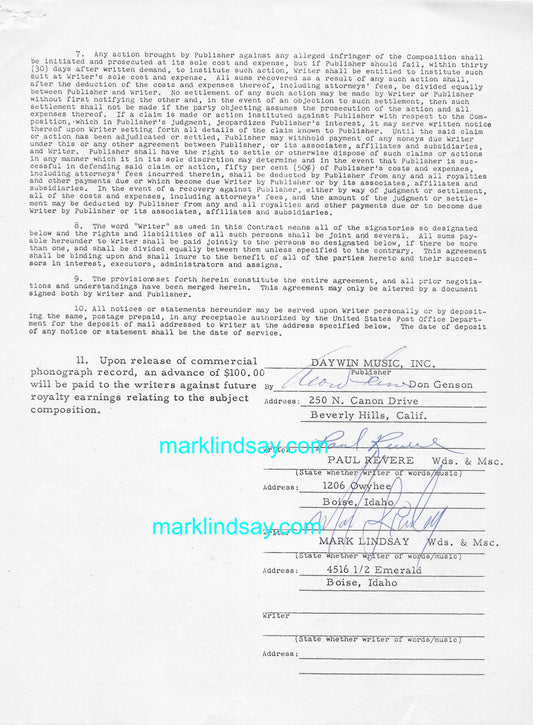 Lindsay/Revere Signed Songwriters Contract SHAKE IT UP Vintage 1964 - Personally Autographed to YOU by Mark
