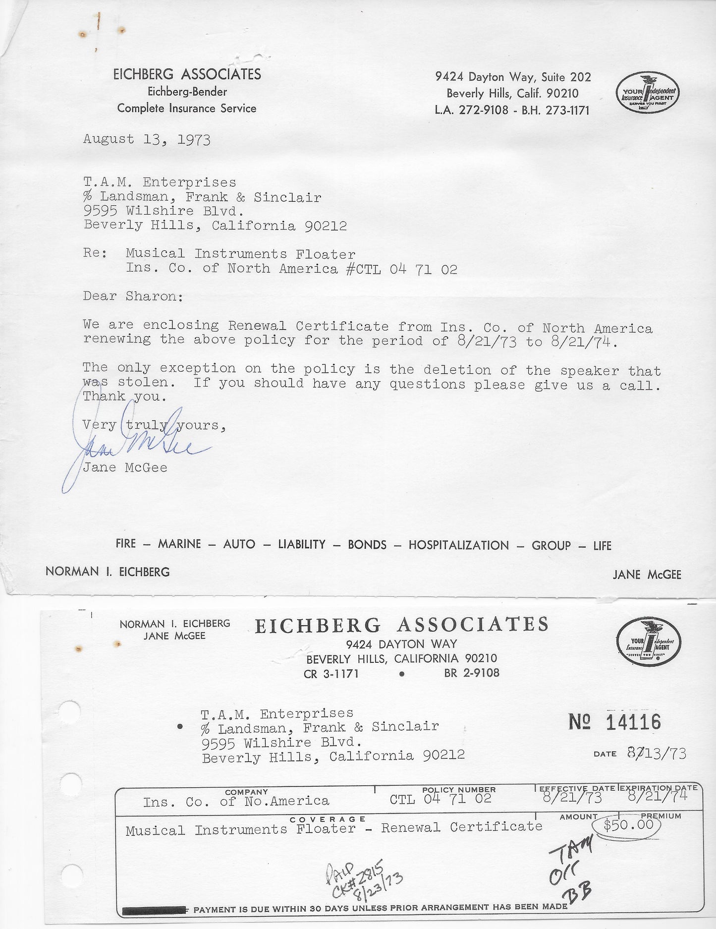 1973 Raiders Instrument Etc Insurance Documents - Personally Autographed to YOU by Mark