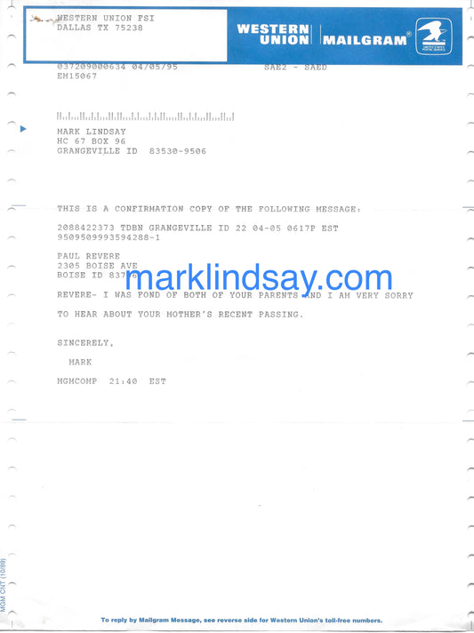 Mailgram to Revere From Lindsay - w/Card Personally Autographed to YOU by Mark