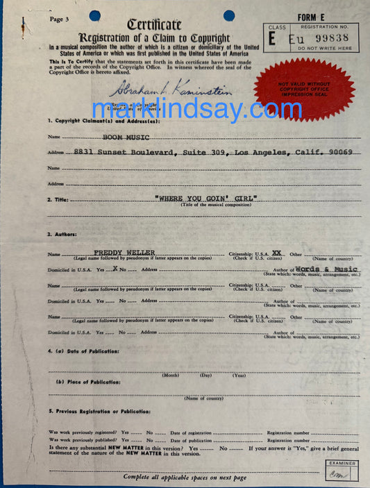 Vintage 1969 WHERE YOU GOIN' GIRL Copyright Certificate + Card - Personally Autographed to YOU by Mark