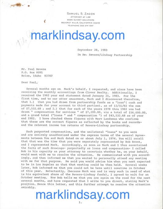 Vintage 1982/84 Revere-Lindsay Real Estate and Raider Album Controversy Document Set - With Card Personally Autographed to YOU by Mark Lindsay