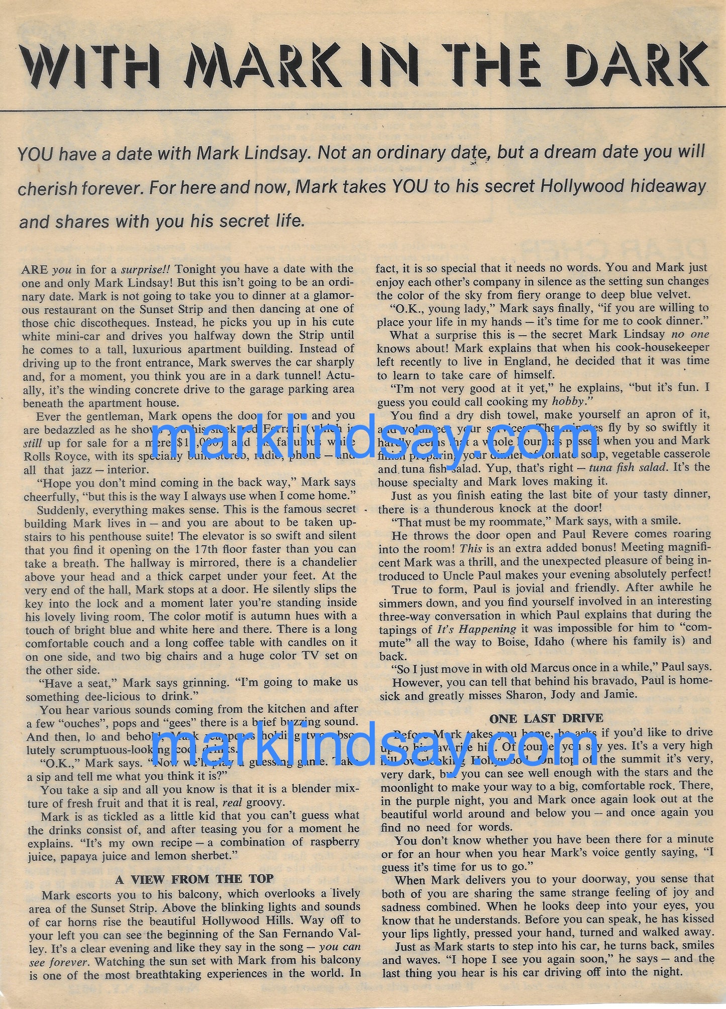 "Mark In The Dark" Vintage Article + Pin-up - 16 - Personally Autographed to YOU by Mark Lindsay