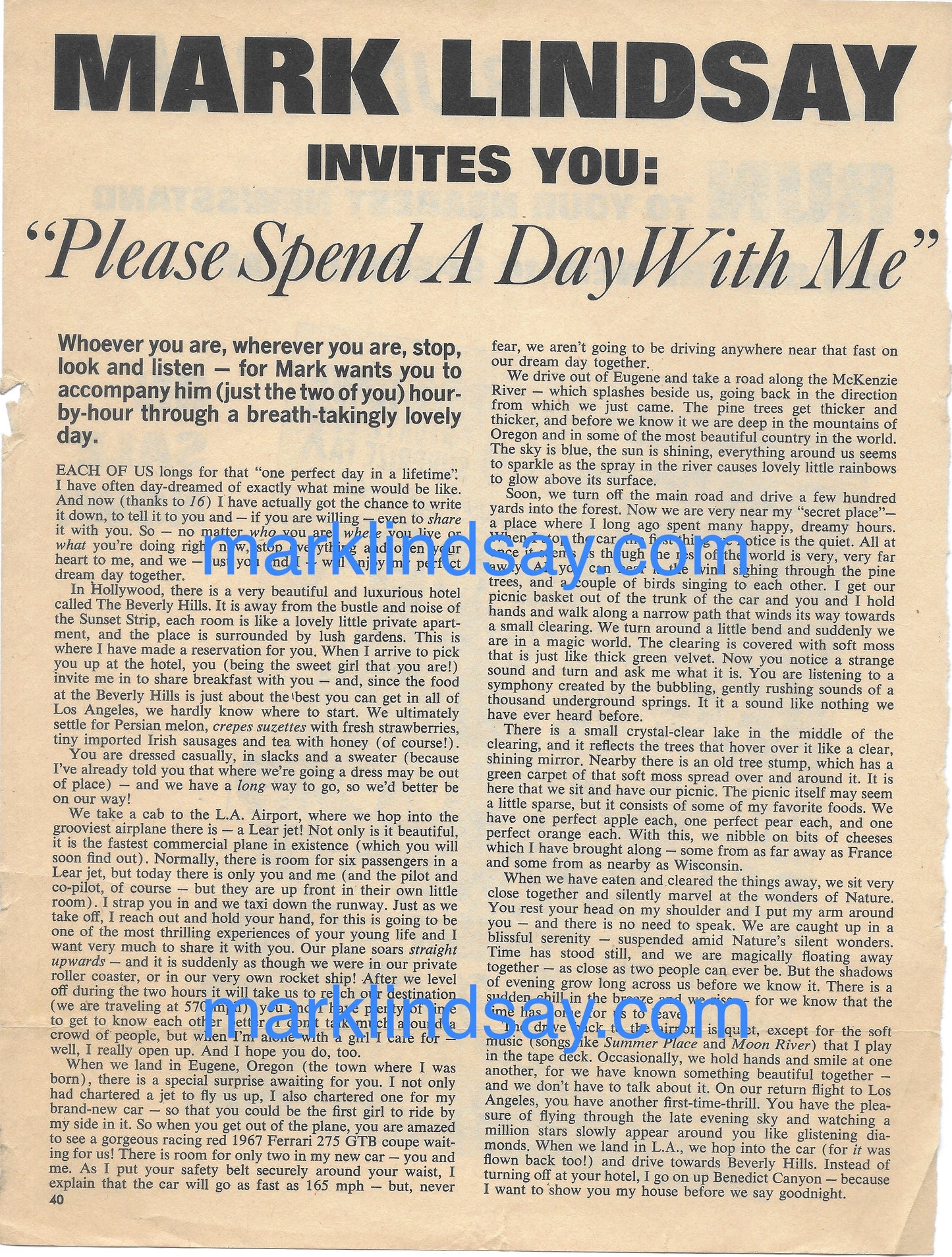 "Spend A Day With Me" Vintage Article - 16 - Personally Autographed to YOU by Mark Lindsay