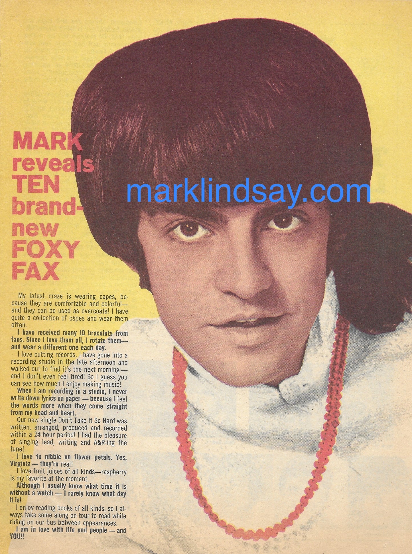 "FoxyFax" Vintage Article - 16 Magazine - Personally Autographed to YOU by Mark Lindsay