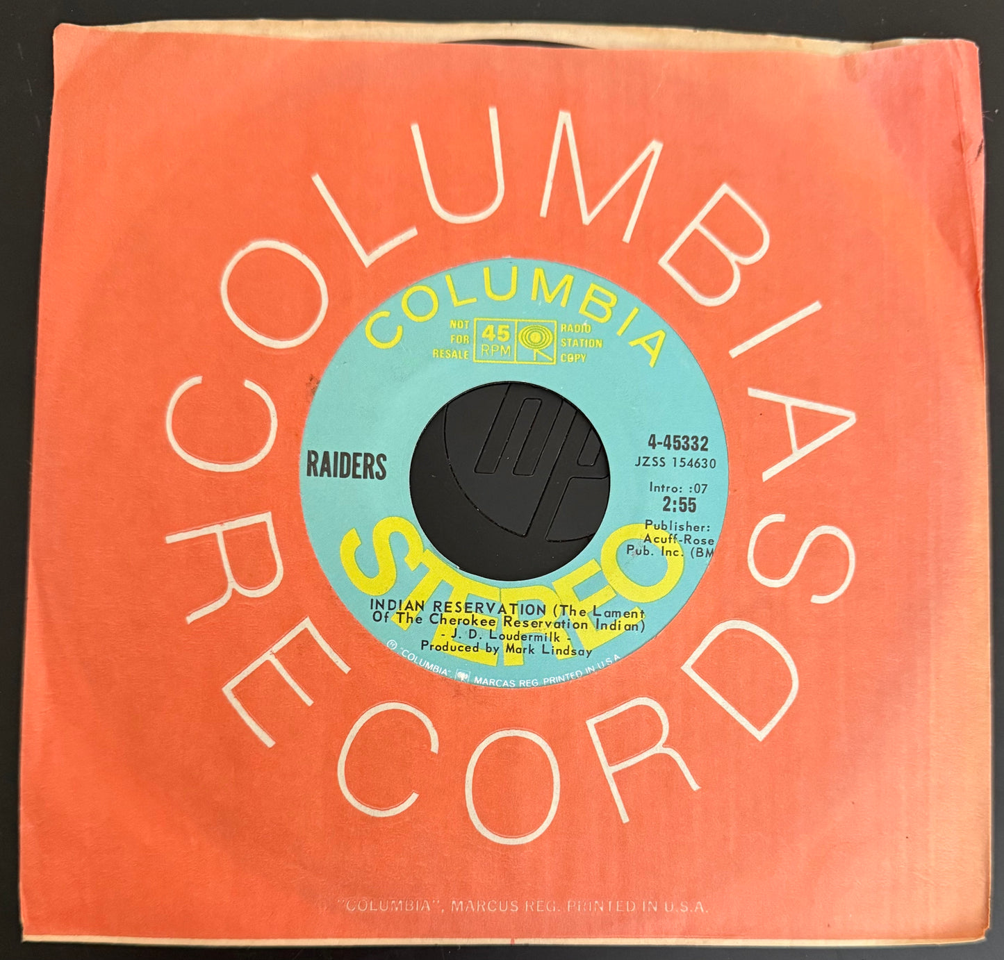 Indian Reservation 1971 Mint Radio Station Double-sided 45 - Paul Revere & The Raiders -  Personally Autographed to YOU by Mark Lindsay