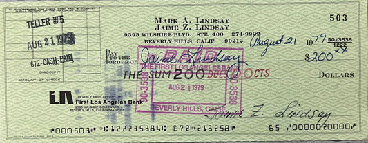 Mark Lindsay August 1979 Check to/by Ex-Wife  - w/photo Personally Autographed to YOU by Mark