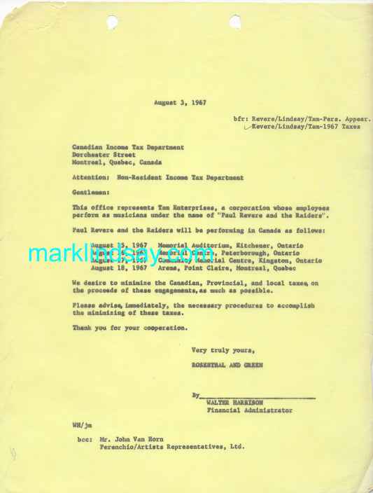 1967 Raiders Canadian Tax Typewritten Documents - Personally Autographed to YOU by Mark