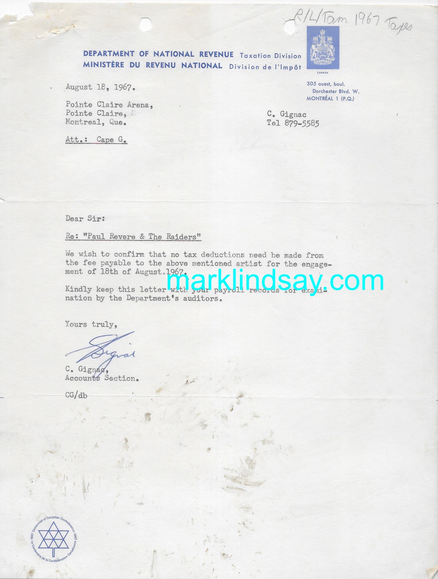 1967 Raiders Canadian Tax Typewritten Documents - Personally Autographed to YOU by Mark