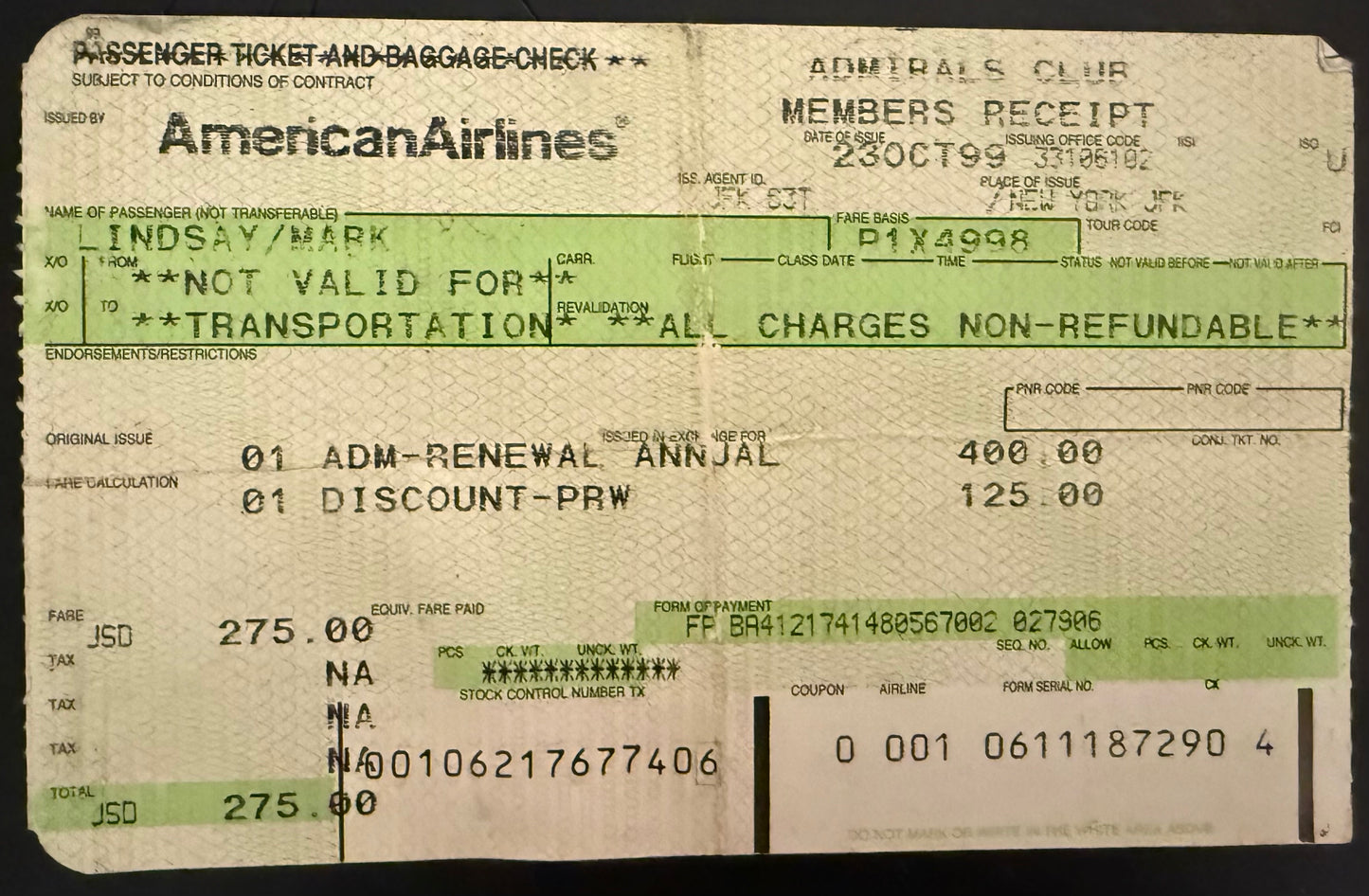 Mark LIndsay American Airlines Admirals Club Personalized Luggage Tag/1999 Receipt - Personally Autographed to YOU by Mark