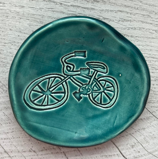 Artisan-Crafted Ceramic Bicycle Dish, Small, Teal Blue/Green - w/Card Personally Autographed to YOU by Mark