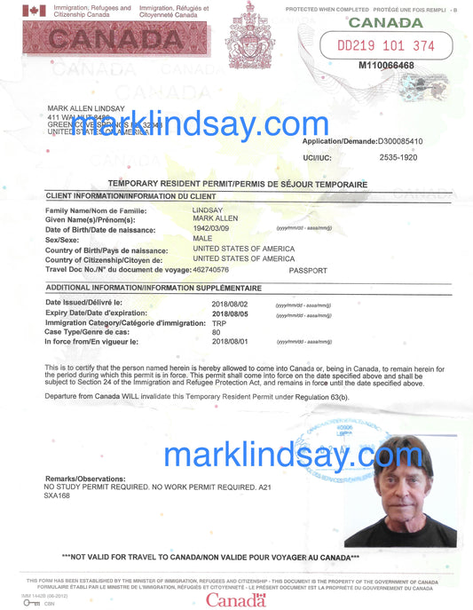 Mark Lindsay Canada Temp Residency Permit 2018 - Personally Autographed to YOU by Mark