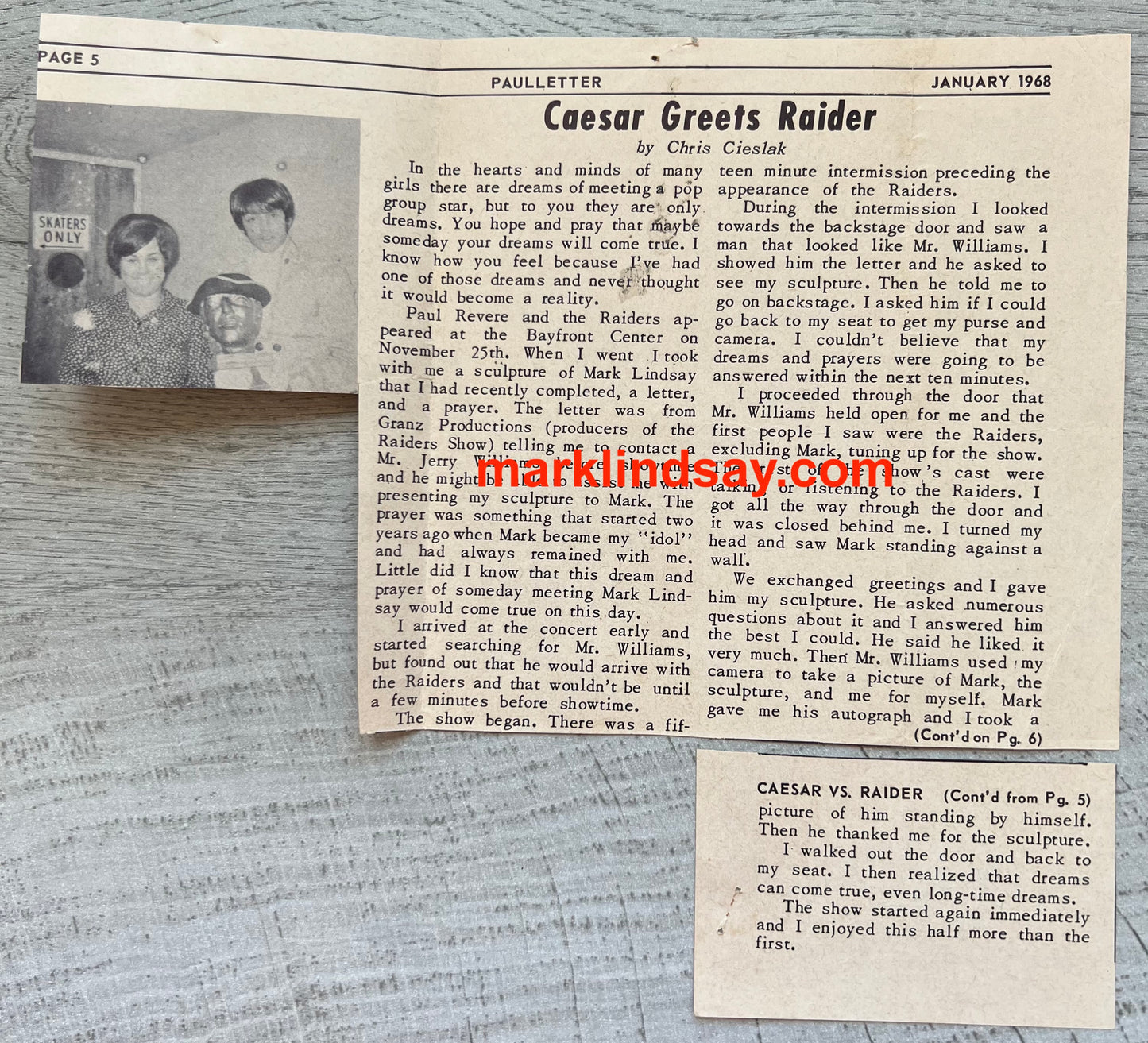 1968 Mark Lindsay Sculpture Clipping - Personally Autographed to YOU by Mark