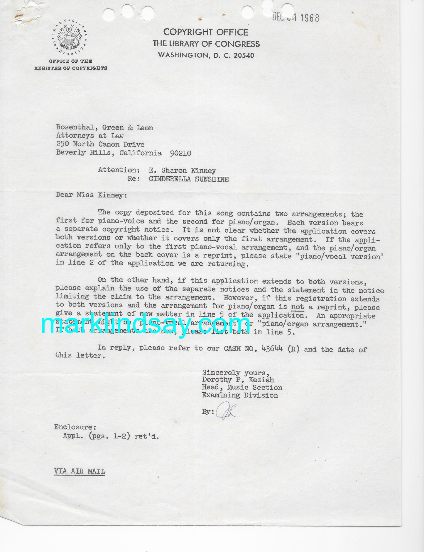 Vintage 1968/69 CINDERELLA SUNSHINE Copyright Confusion Typewritten Documents + Card - Personally Autographed to YOU by Mark