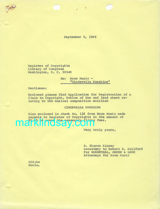 Vintage 1968/69 CINDERELLA SUNSHINE Copyright Confusion Typewritten Documents + Card - Personally Autographed to YOU by Mark