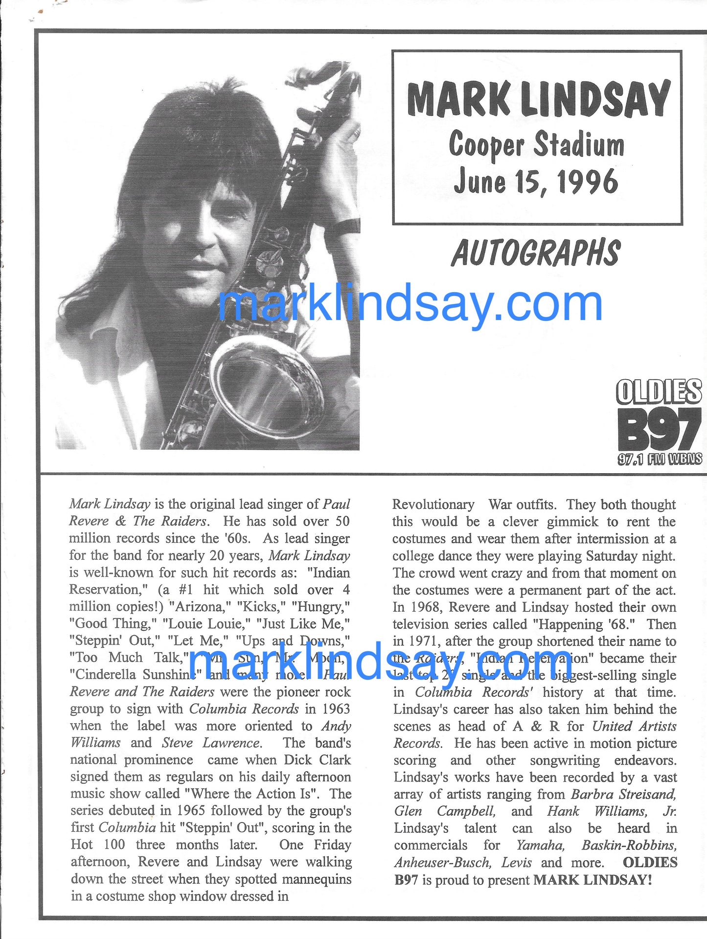 1996 Columbus Contract, Air Receipt, Bio, Check Stub - Personally Autographed to YOU by Mark Lindsay