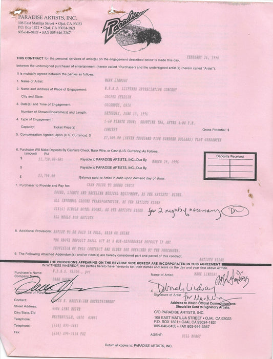 1996 Columbus Contract, Air Receipt, Bio, Check Stub - Personally Autographed to YOU by Mark Lindsay