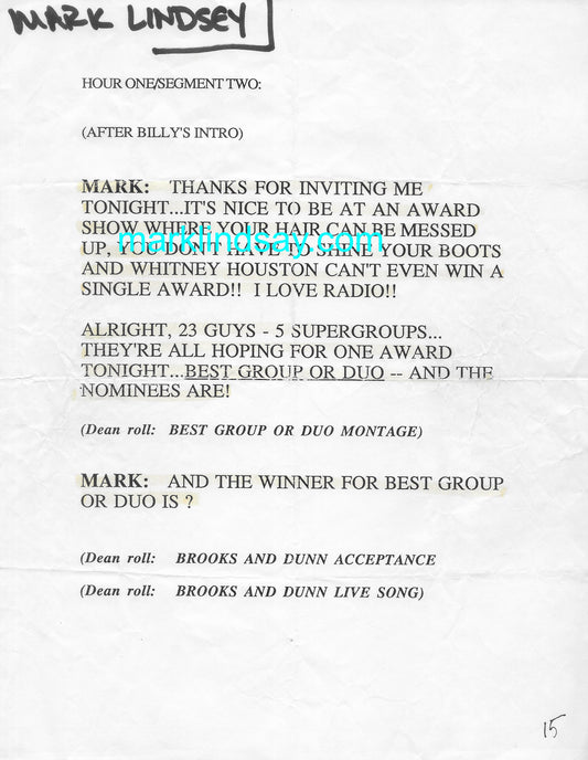 Mark Lindsay Original Script at Country Radio Awards Show/Brooks & Dunn 1994 + Program - Personally Autographed to YOU by Mark
