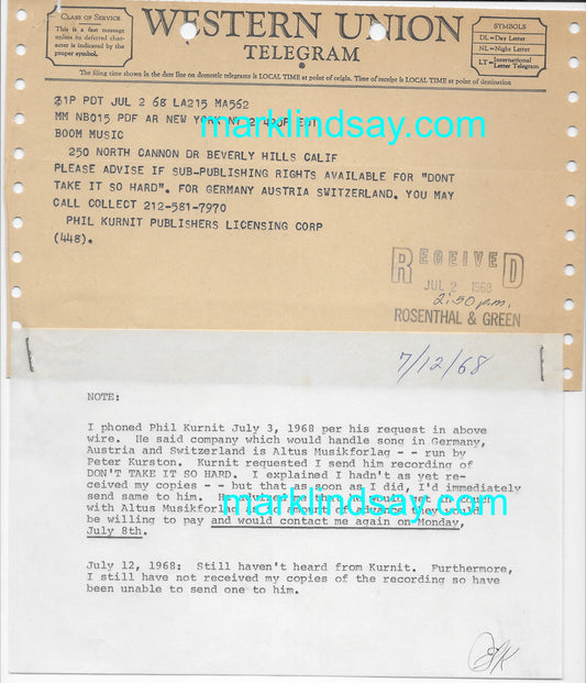 Vintage 1968 DON'T TAKE IT SO HARD Telegram - Personally Autographed to YOU by Mark